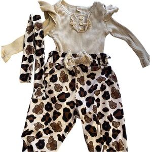 EUC Ruffle Baby Girl Outfit with Leopard Print Pants, Beige Onesie, Headband